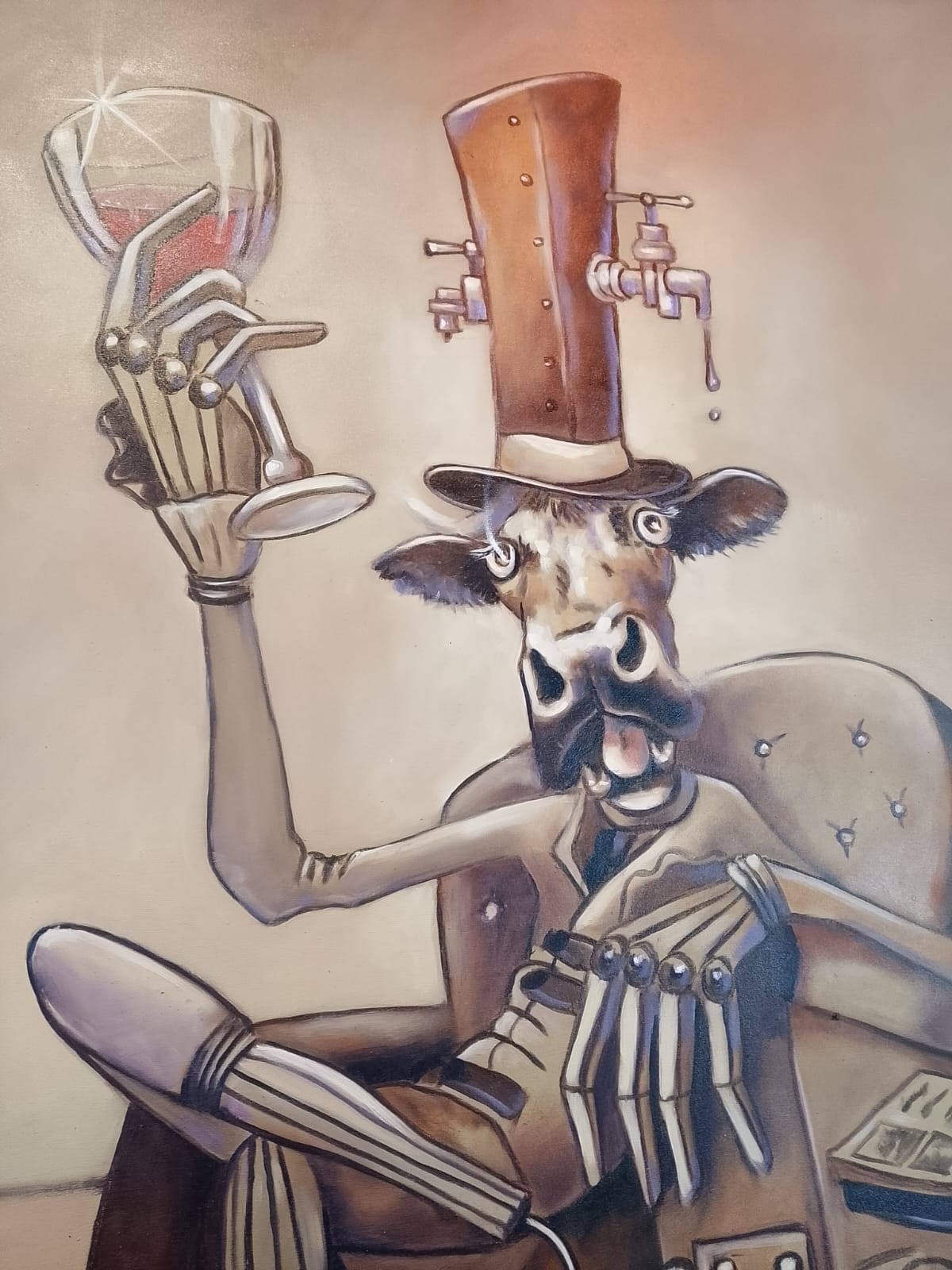 Óleo de La Vaca en la Torre — la vaca con sombrero copa alta brindando con una copa de vino